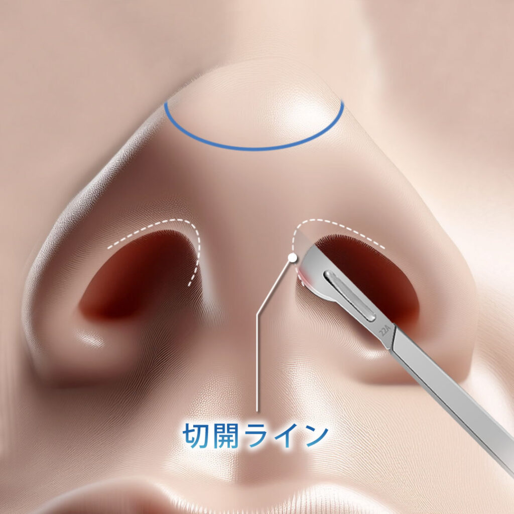 鼻尖部人工真皮の切開ライン